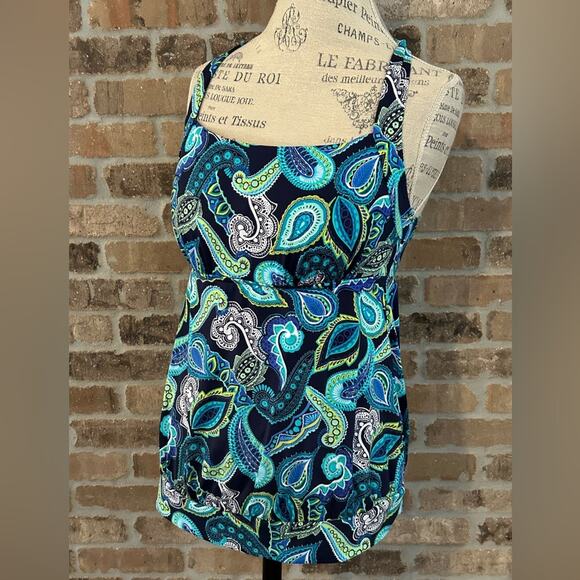 Lands end blue paisley tankini top size 10 molded cups shelf bra - Picture 6 of 8